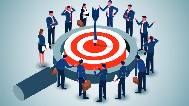 Illustration of a group of investigators circling around a magnifying glass with a target in the center. There is a dart in the middle of the target.