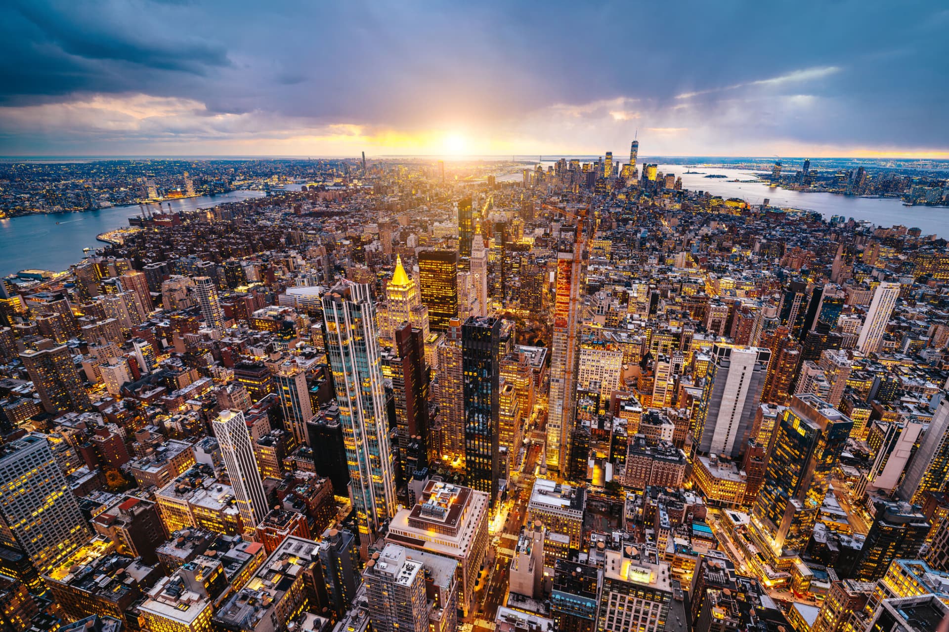 Aerial photo of New York City at sunset.
