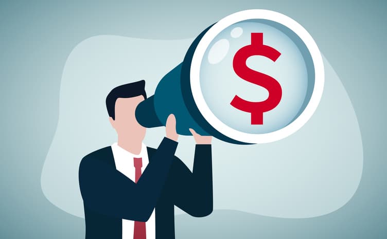 Graphic of a person looking for an investment opportunity, money visionary, searching for yield, dividend or profit in stock market concept, wealthy businessman investor look through binoculars to see money dollar sign.