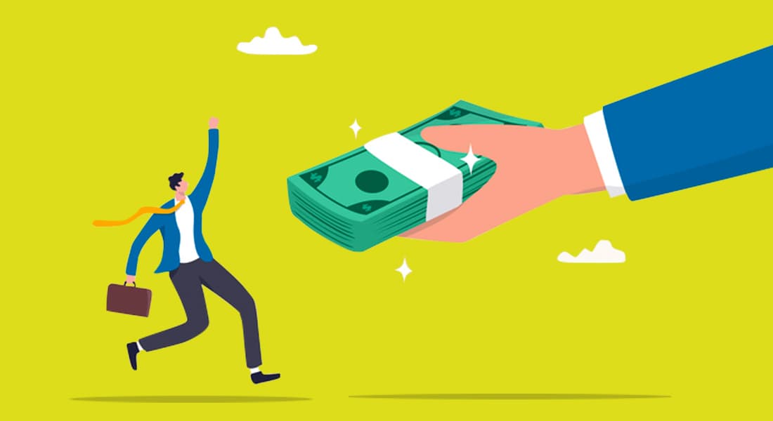 Illustration of a large hand giving a stack of cash to an excited business person.