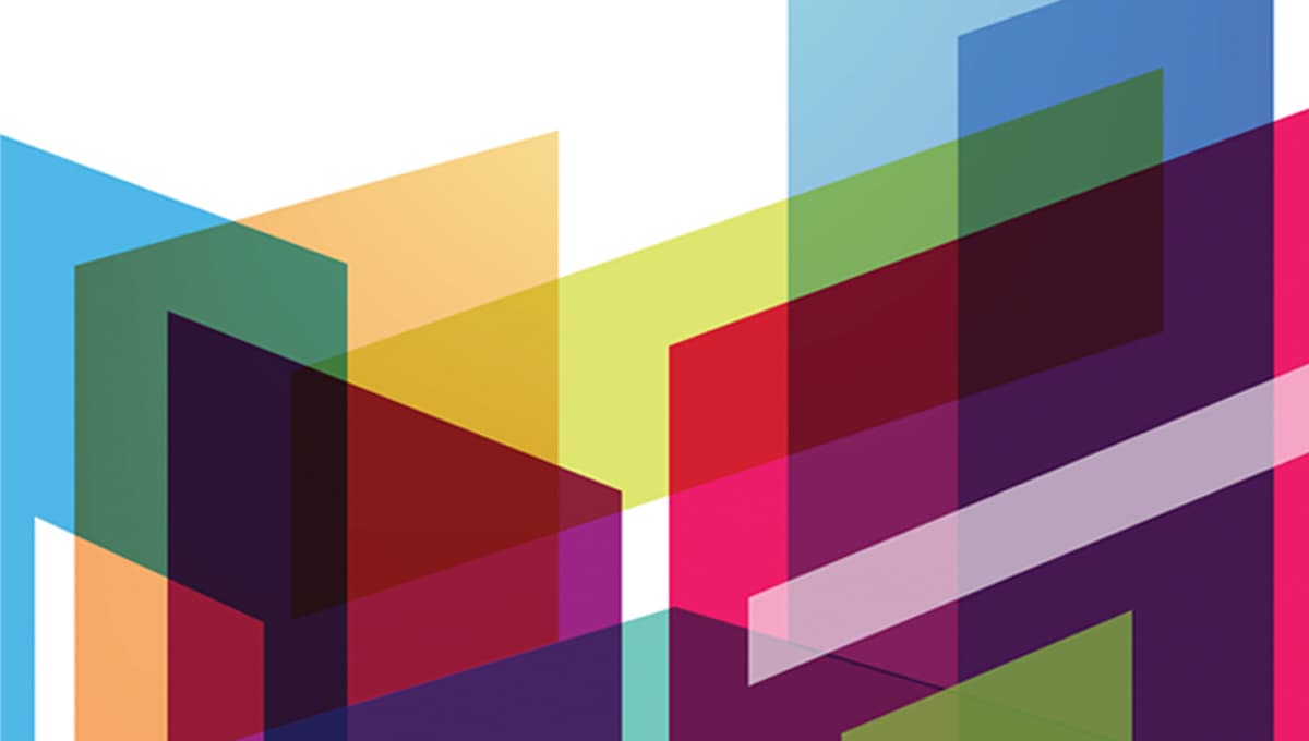 Coloured, translucent isometric shapes overlapping each other