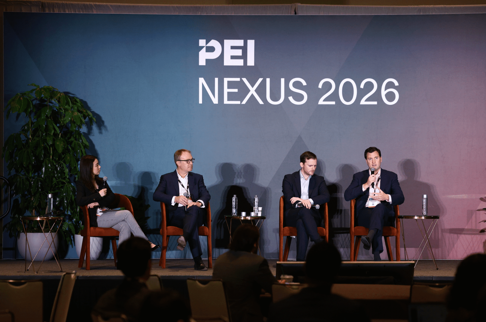 Hannah Zhang leads a secondaries panel with Shane Feeney of Northleaf, Matthew Roche of StepStone and Wilfred Small of Ardian at NEXUS 2026