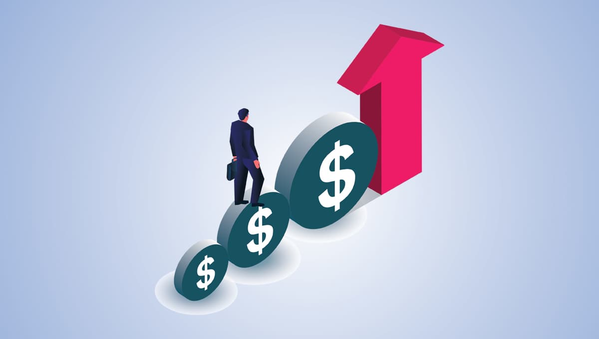 figure walking up disc steps made of $ signs towards an upward arrow