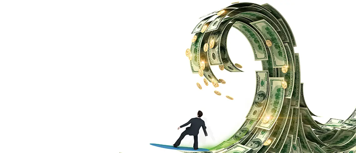 An illustration of a businessman riding a wave comprised of dollar notes