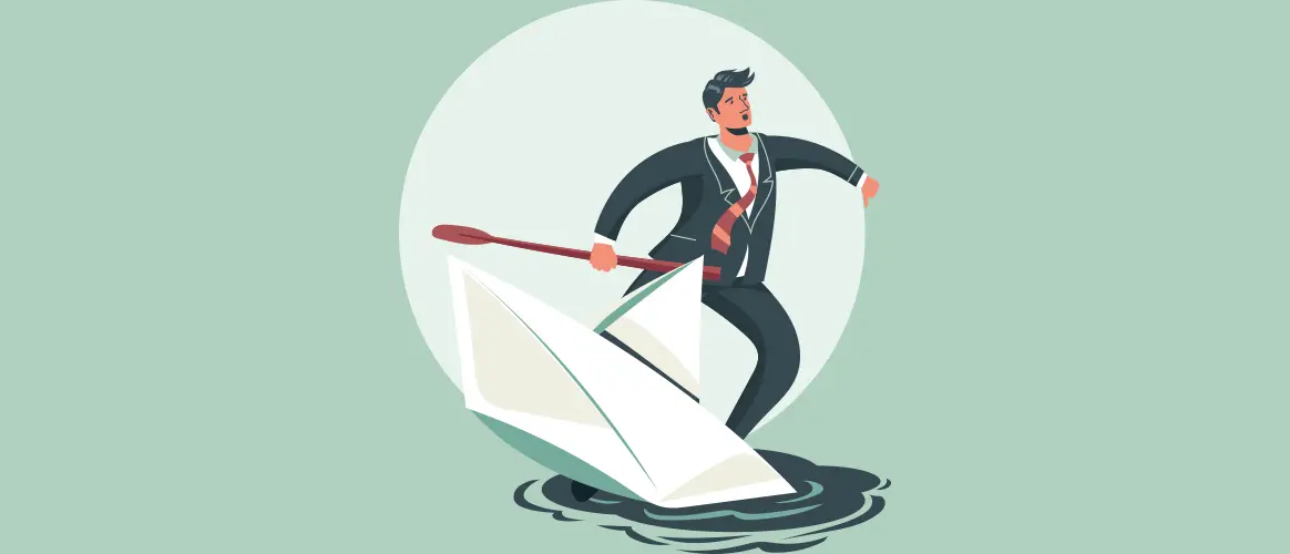 An illustration of a businessman standing on a paper boat