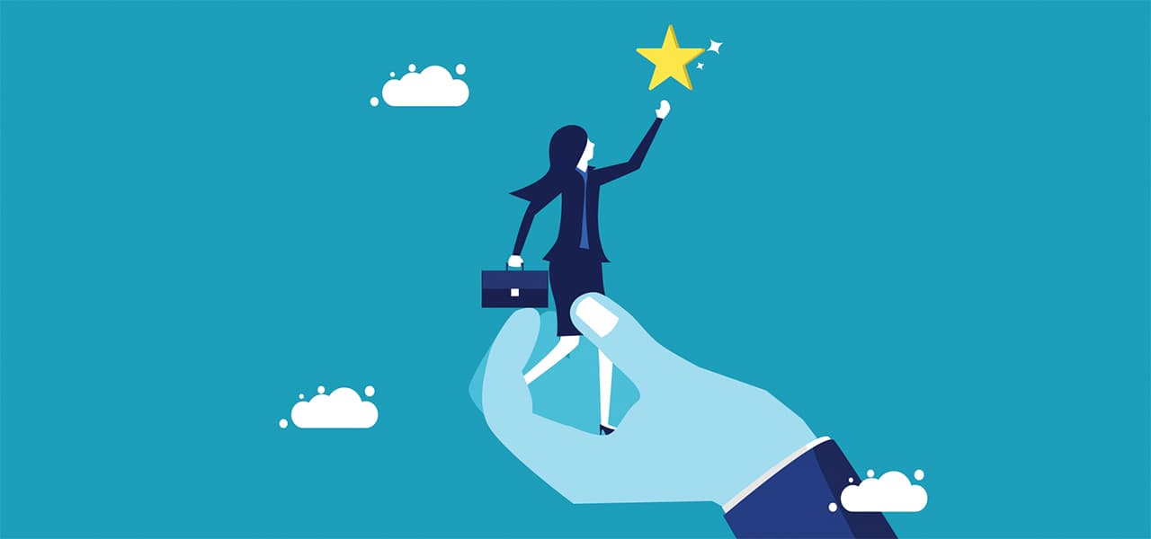 Support to succeed. businesswoman holding stars in support hand.