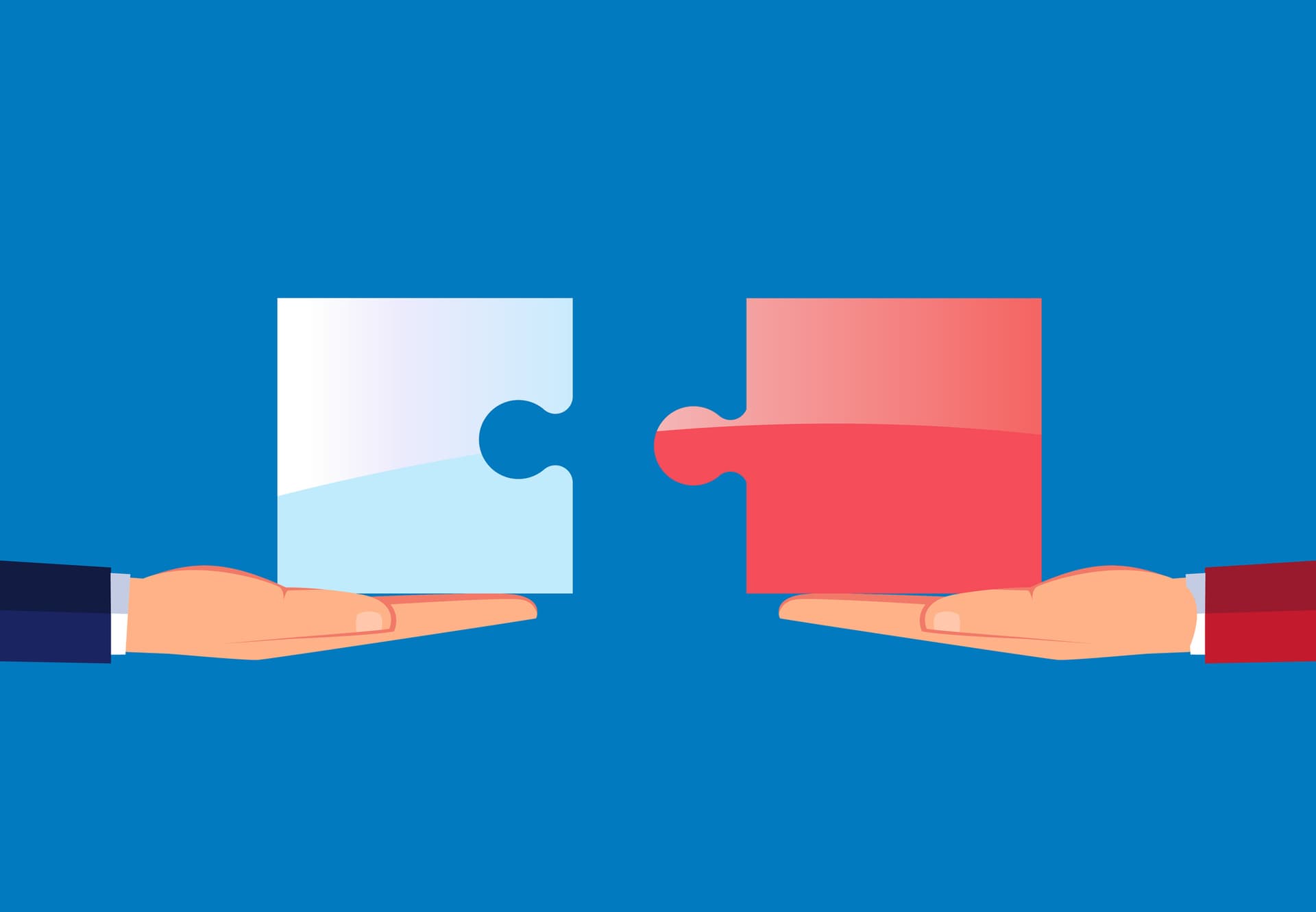 Illustration of two hands joining two puzzle pieces in opposing colours