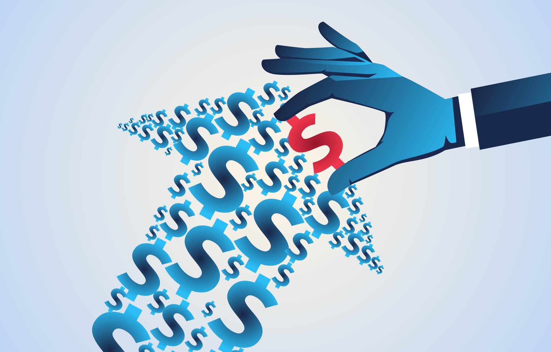 Illustration of an arrow made up of blue dollar signs, with a hand removing a single red dollar sign