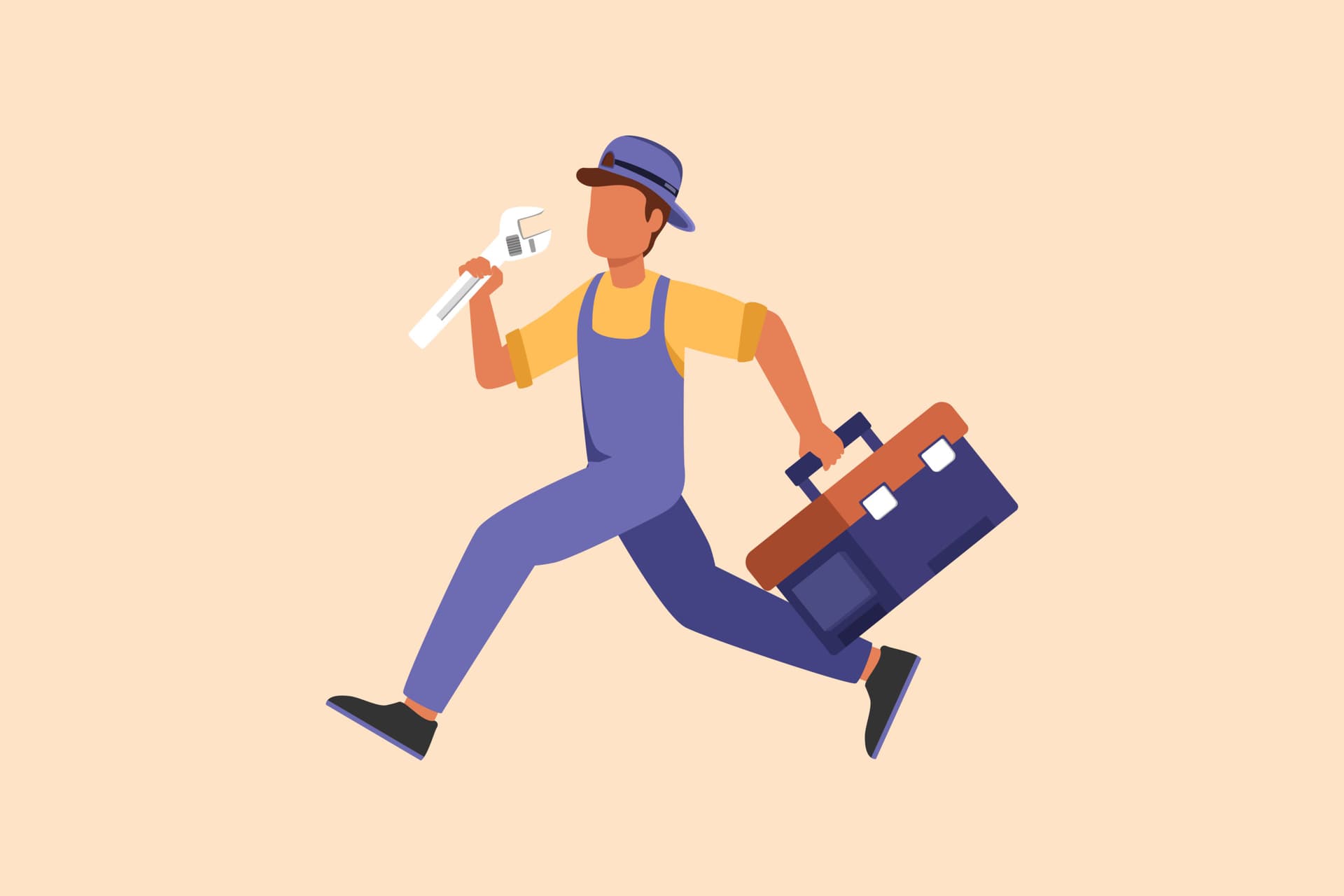 Business flat cartoon style drawing mechanic repairman worker with tools is running. Technical service. Plumber with monkey wrench and toolbox run forward. Handyman. Graphic design vector illustration