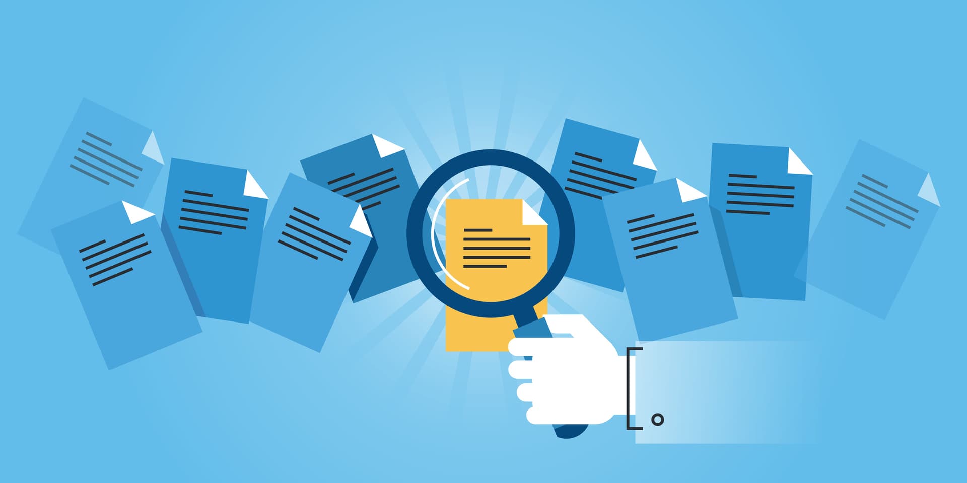 Flat line design website banner of document search. Modern vector illustration for web design, marketing and print material.