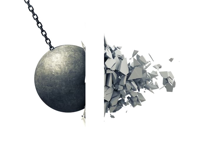 Metallic Wrecking Ball Shattering Wall, smash, destruction, barrier