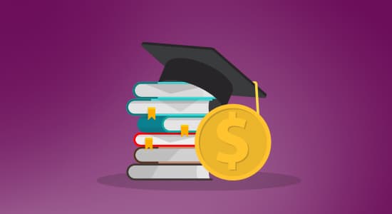 image of books with college graduation hat and dollar sign