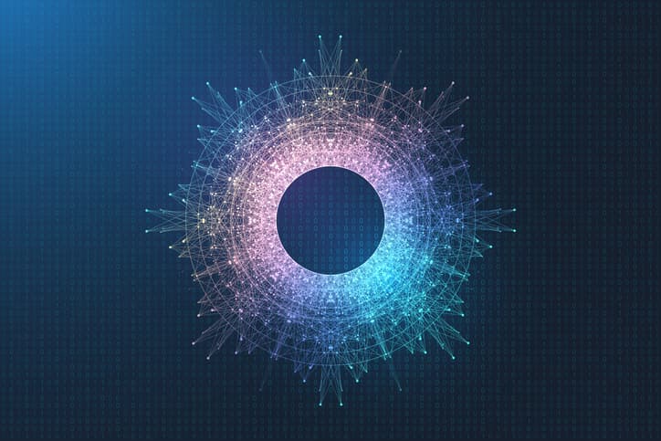 Digital network of nodes forming to represent a circle or iris. AI, artificial intelligence