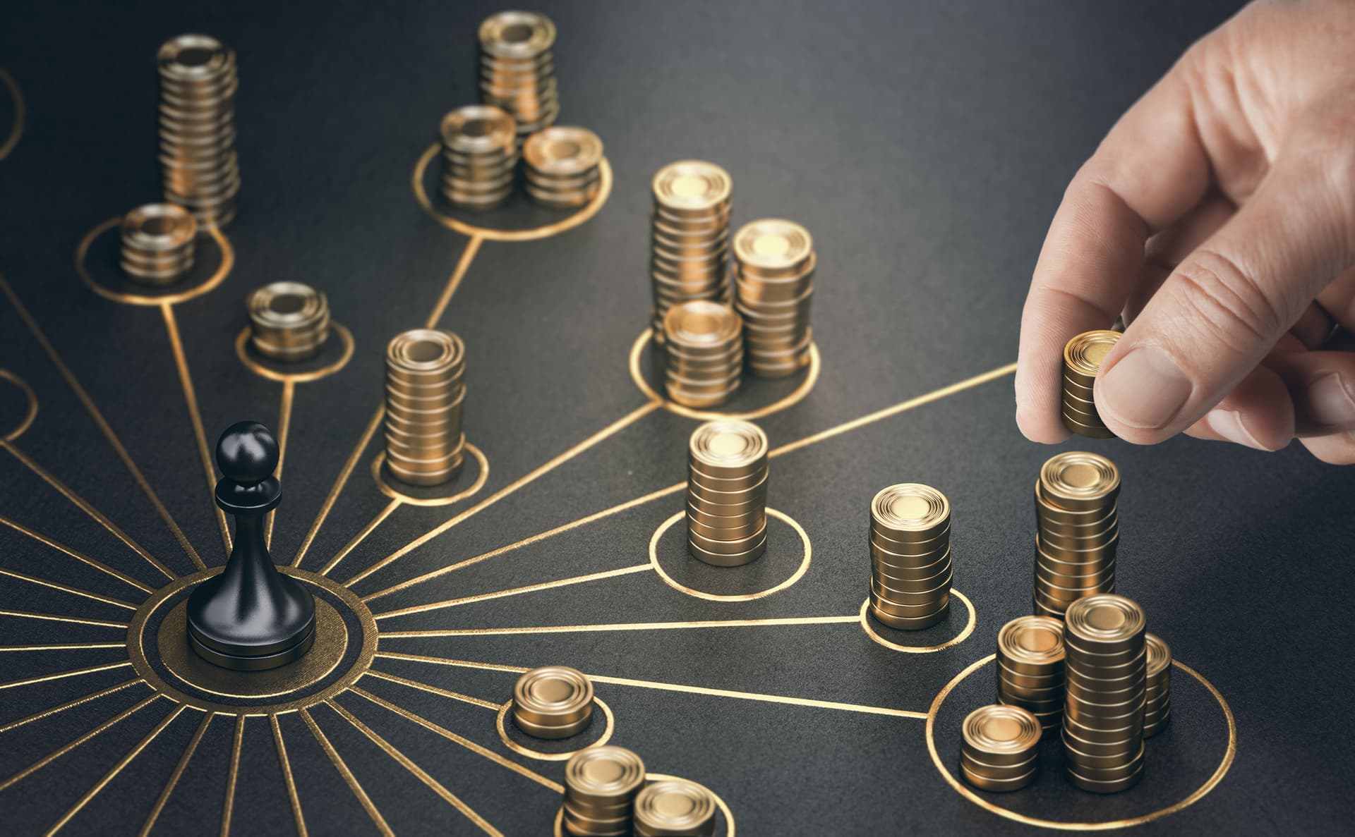A man playing chess with stacks of coins